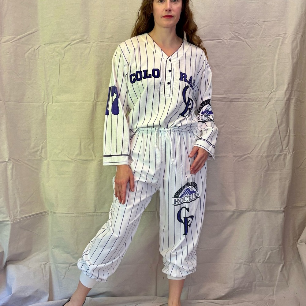 Vintage 90s White Purple Pin Stripe Colorado Rockies Flannel Pajamas ESleep XL - Picture 4 of 12